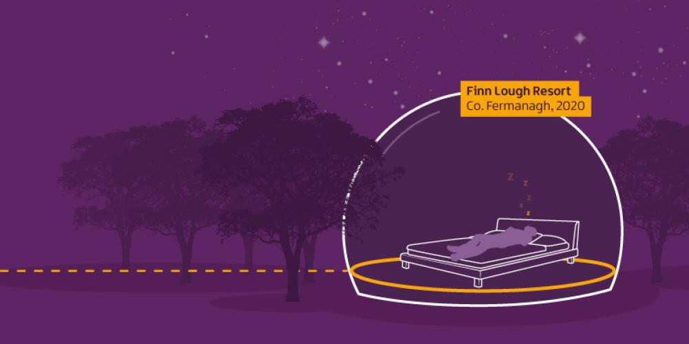 Illustration of people sleeping in a dome shaped bubble under the stars with a purple background