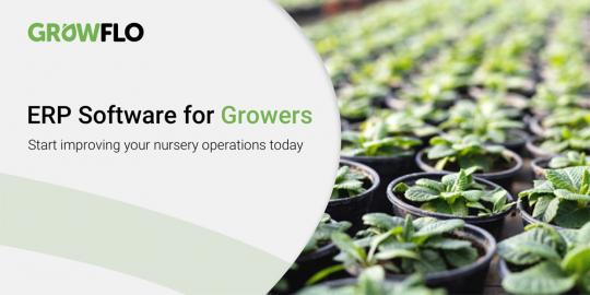Seedlings growing in pots with text: ERP Software for Growers: Start improving your nursery operations today.